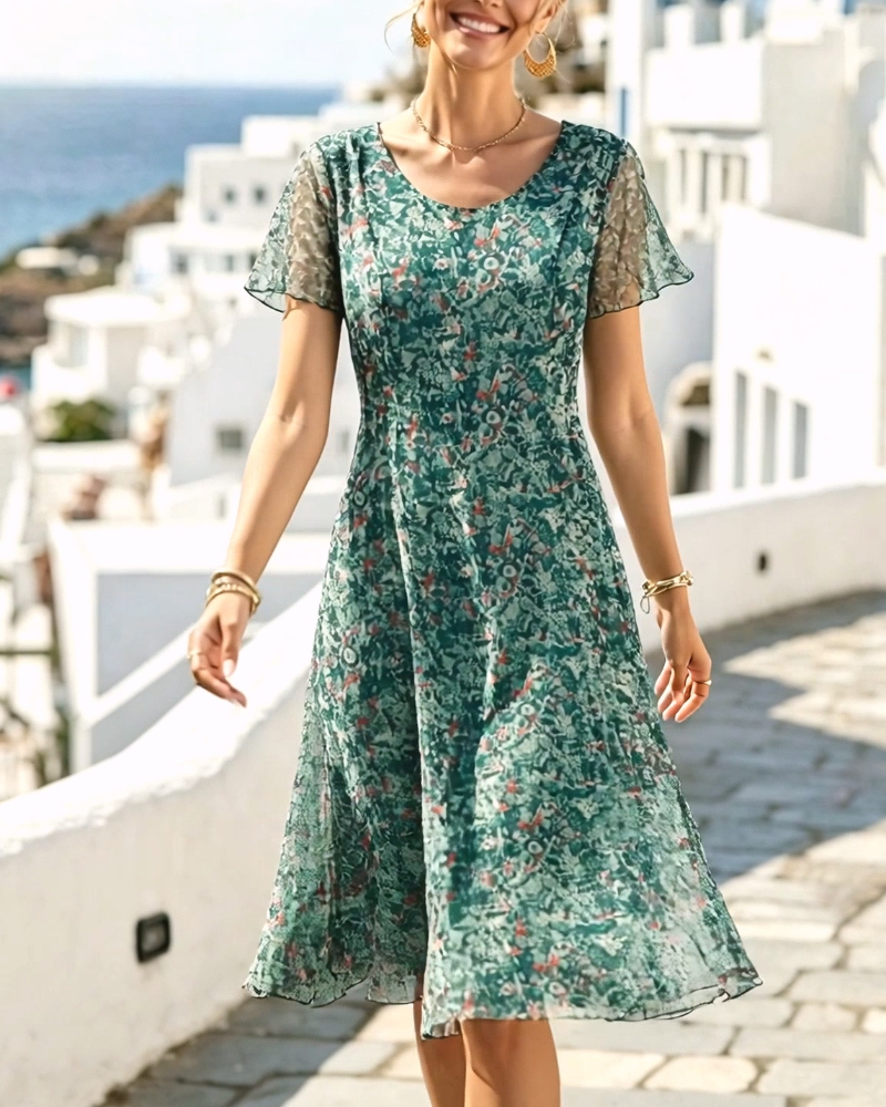 Short Sleeve Floral A-Line Dress