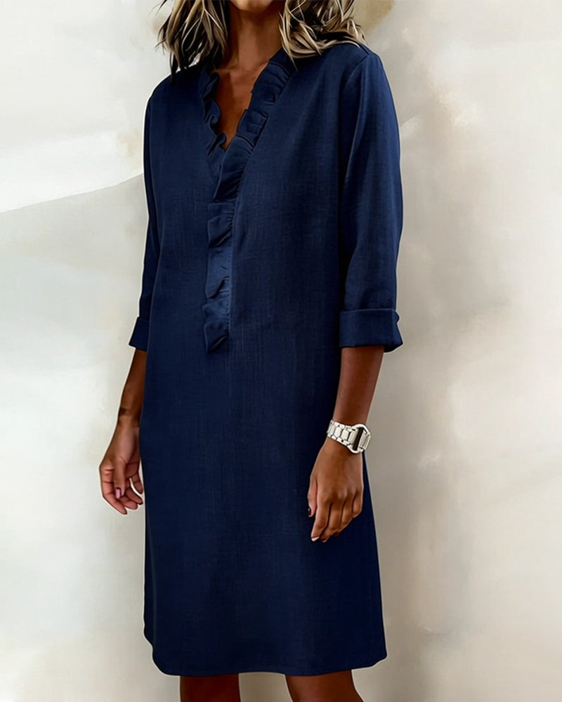 Ruffled V-Neck Solid Dress