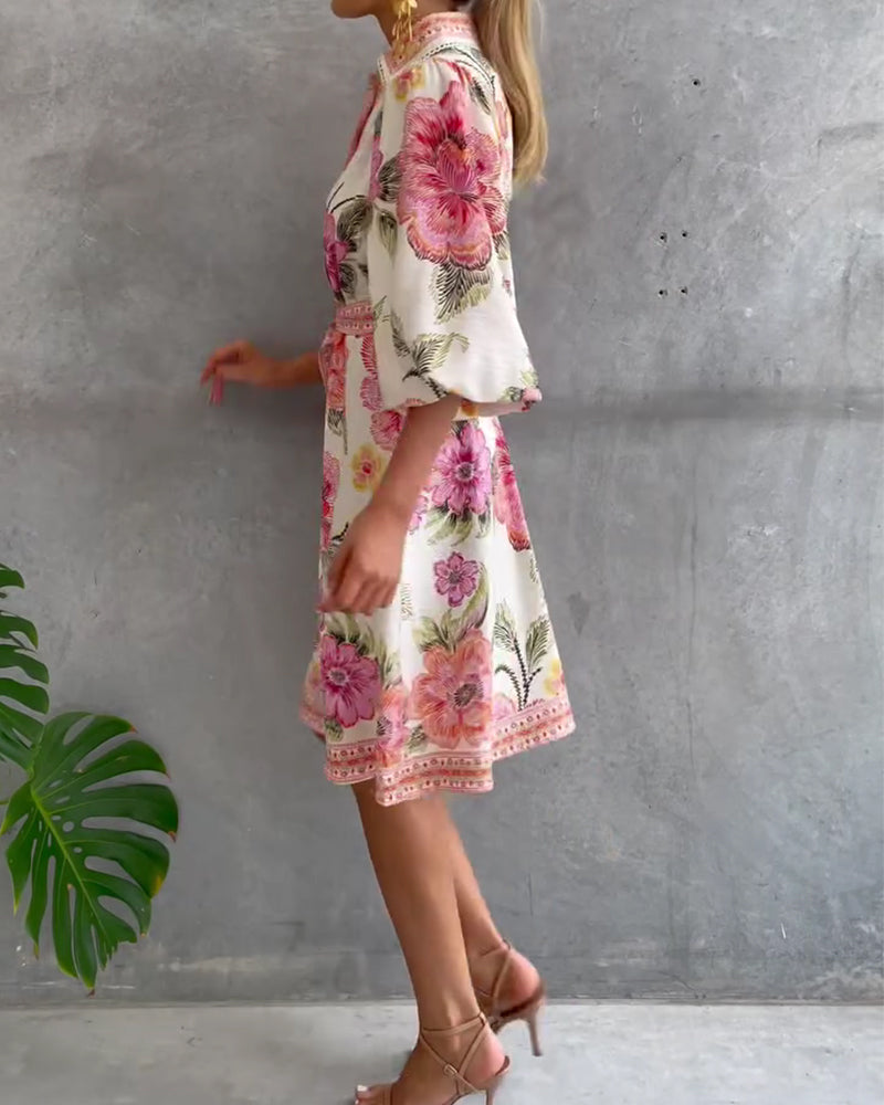 Lantern Sleeve Dress with Notched Collar Print