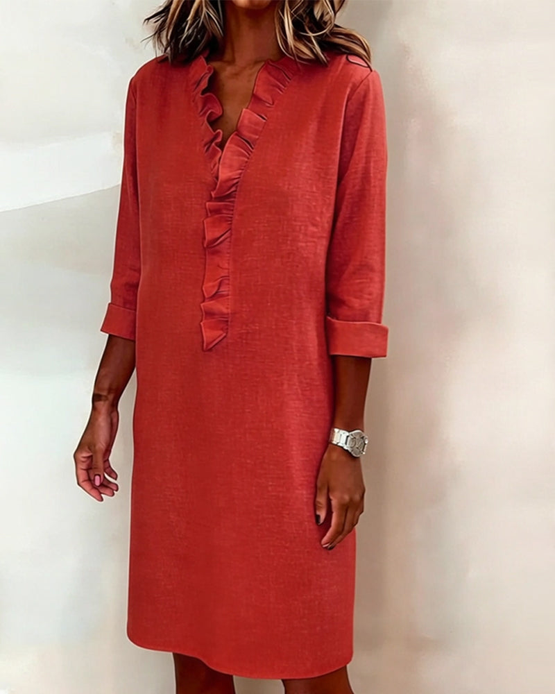 Ruffled V-Neck Solid Dress