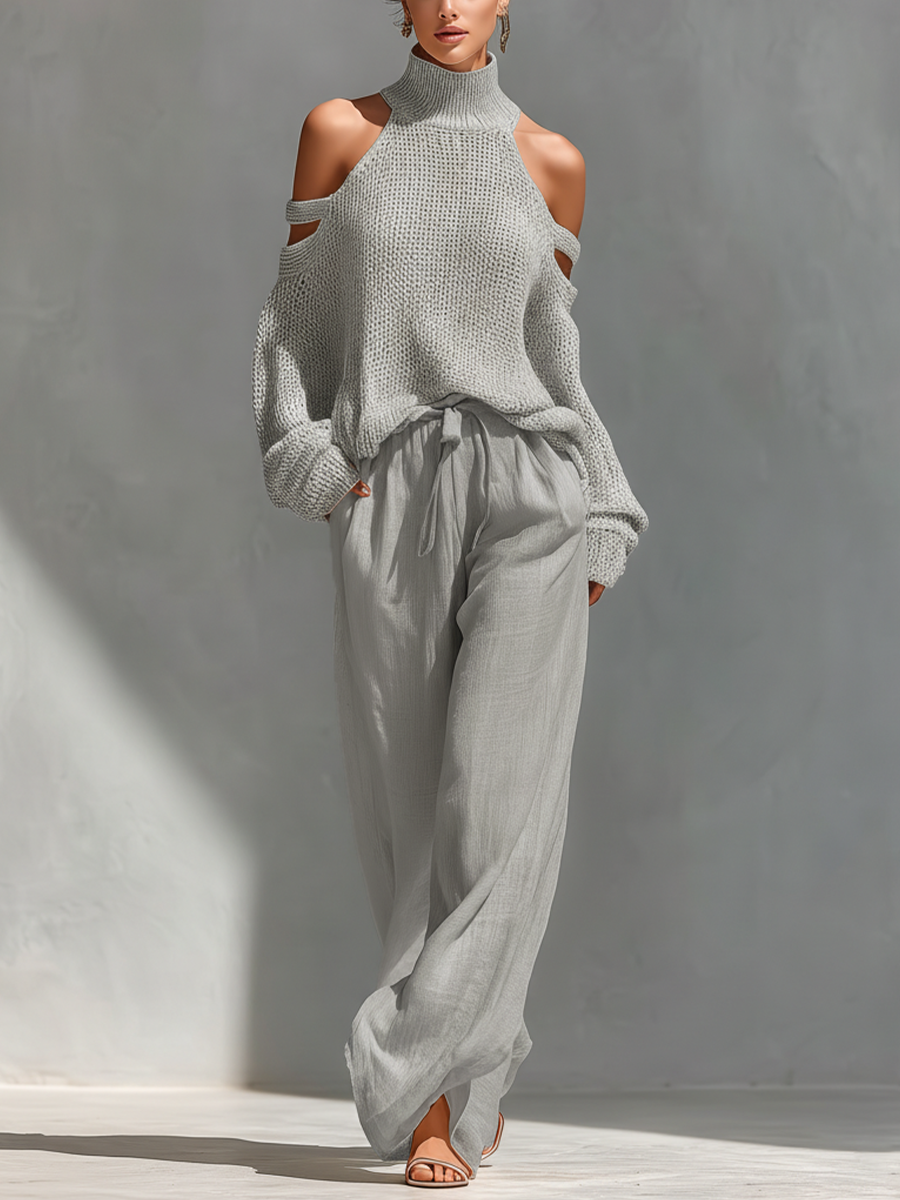 Imani | Knit Cold-Shoulder Turtleneck & Wide-Leg Pants Set