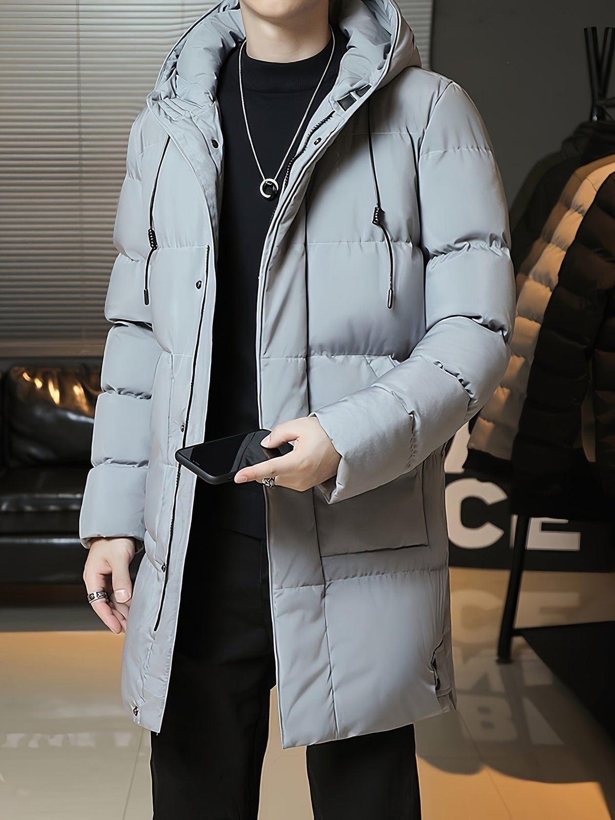 Insulated Longline Hooded Coat with Full-Length Zipper and Adjustable Hood