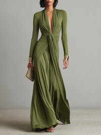 Olive Silk Maxi Dress with V-Neck