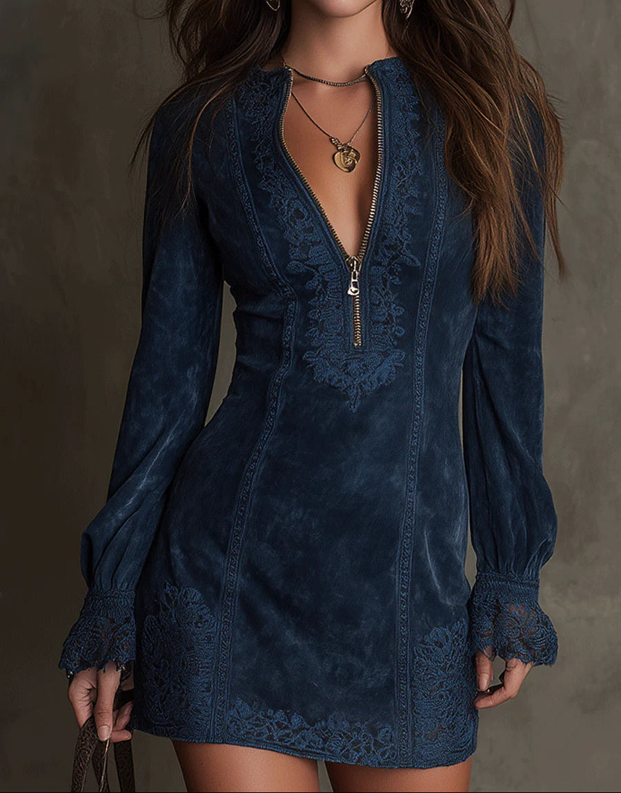 Lace-Trim Long-Sleeve Mini Dress