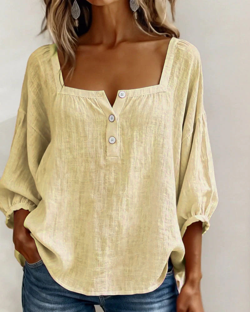 Harper | Cotton-Linen Square Collar Blouse
