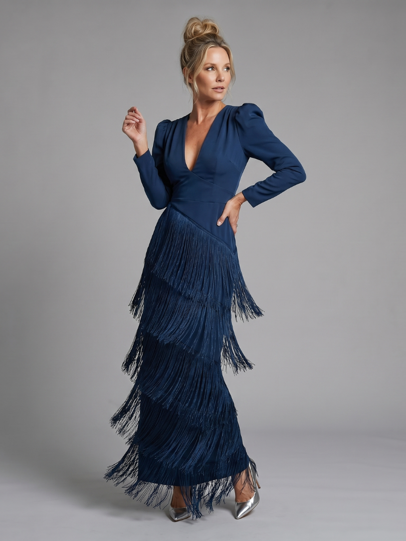 Ava | Long Sleeve Midi Dress with Tiered Fringe Skirt