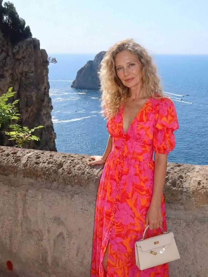 Floral V-Neck Puff-Sleeve Midi Dress