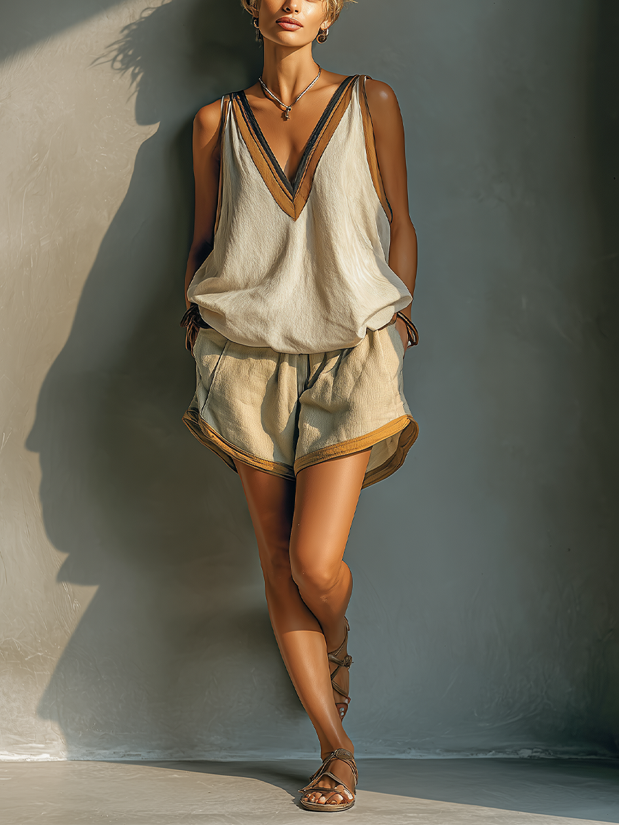 Madeline | Linen-Blend V-Neck Tank & Khaki Shorts Set