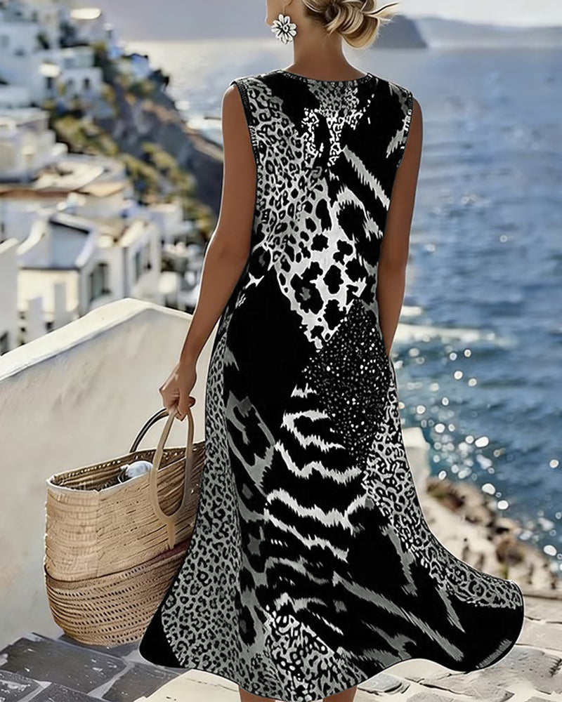 Marisol | Sleeveless Midi Dress - Leopard Patchwork