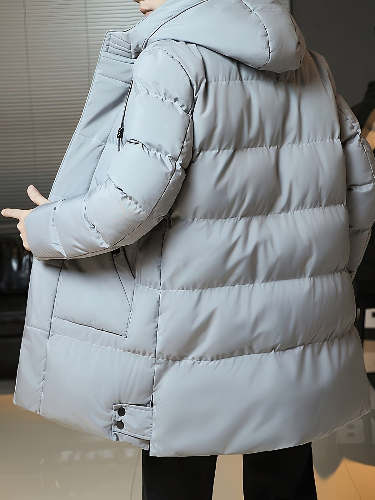 Insulated Longline Hooded Coat with Full-Length Zipper and Adjustable Hood