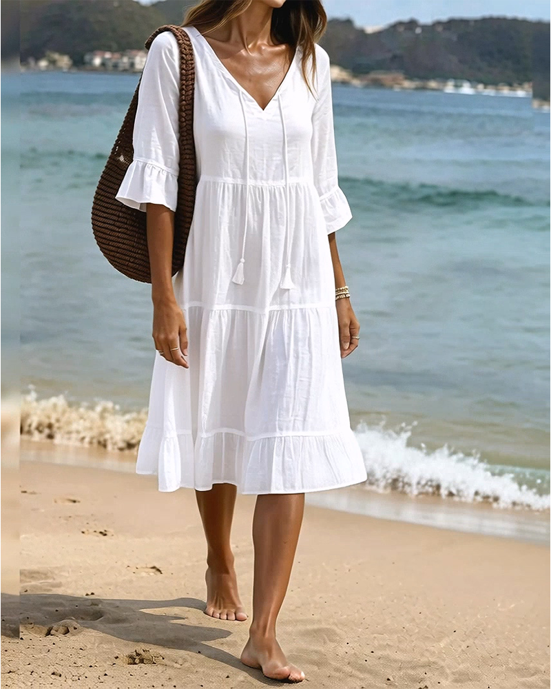 Flared Dress with Half Sleeves and Waist Tie