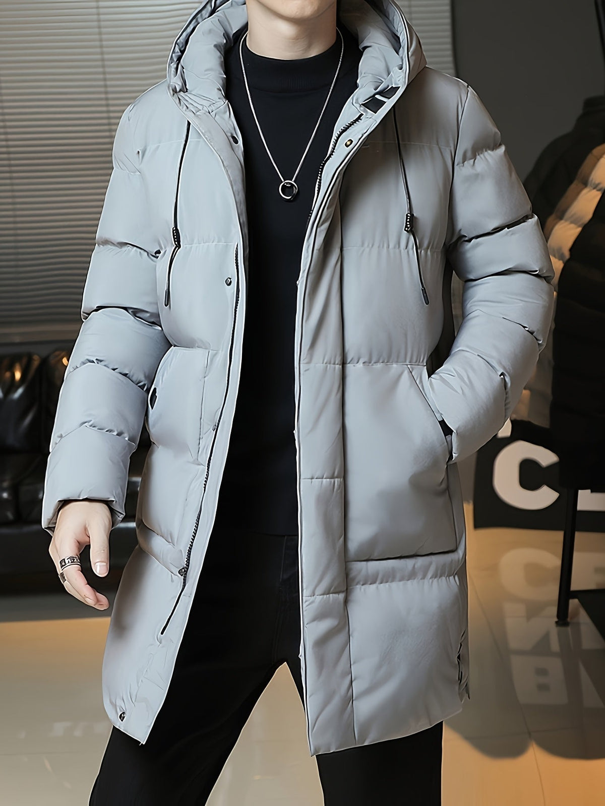 Insulated Longline Hooded Coat with Full-Length Zipper and Adjustable Hood