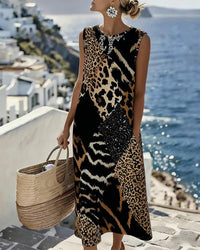 Sleeveless Long Leopard Print Patchwork Dress