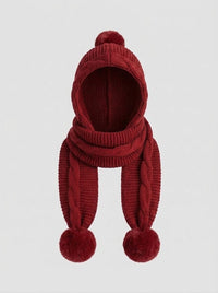 Women’s Knitted Hooded Scarf – Chunky Winter Wrap with Oversized Pom-Pom Ties
