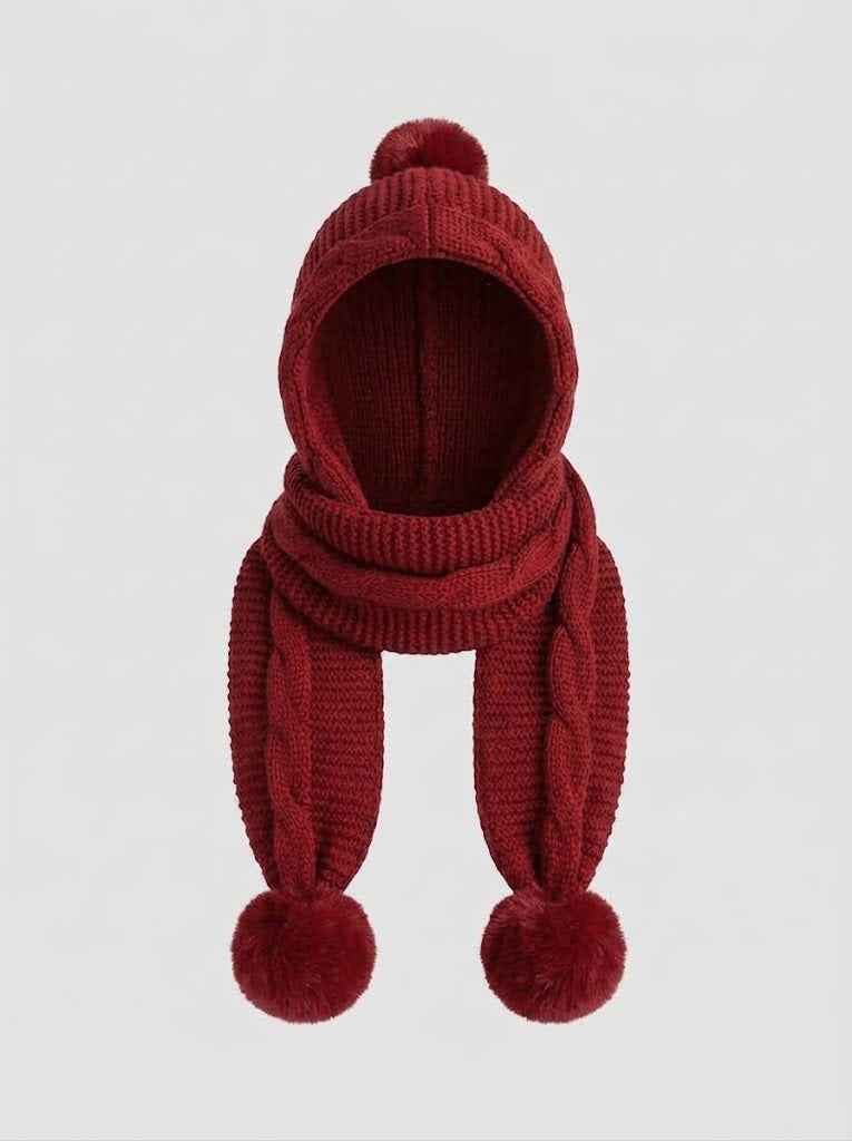 Women’s Knitted Hooded Scarf – Chunky Winter Wrap with Oversized Pom-Pom Ties