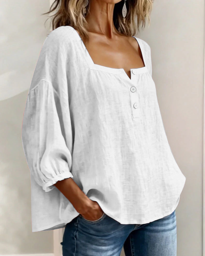 Harper | Cotton-Linen Square Collar Blouse