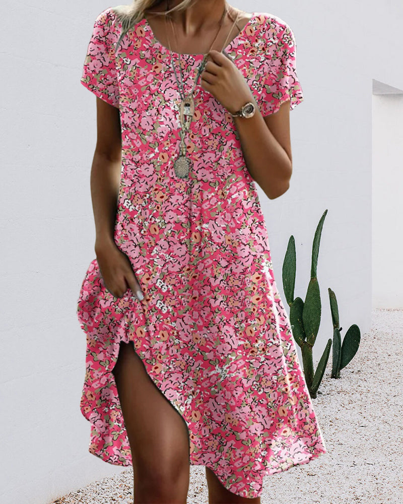 Round Neck Short Sleeve Floral Printed Dress