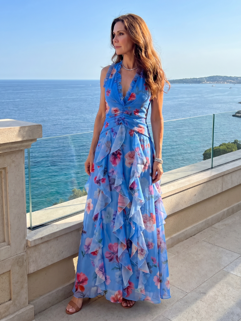 Floral Halter Ruched Bodice Maxi Dress