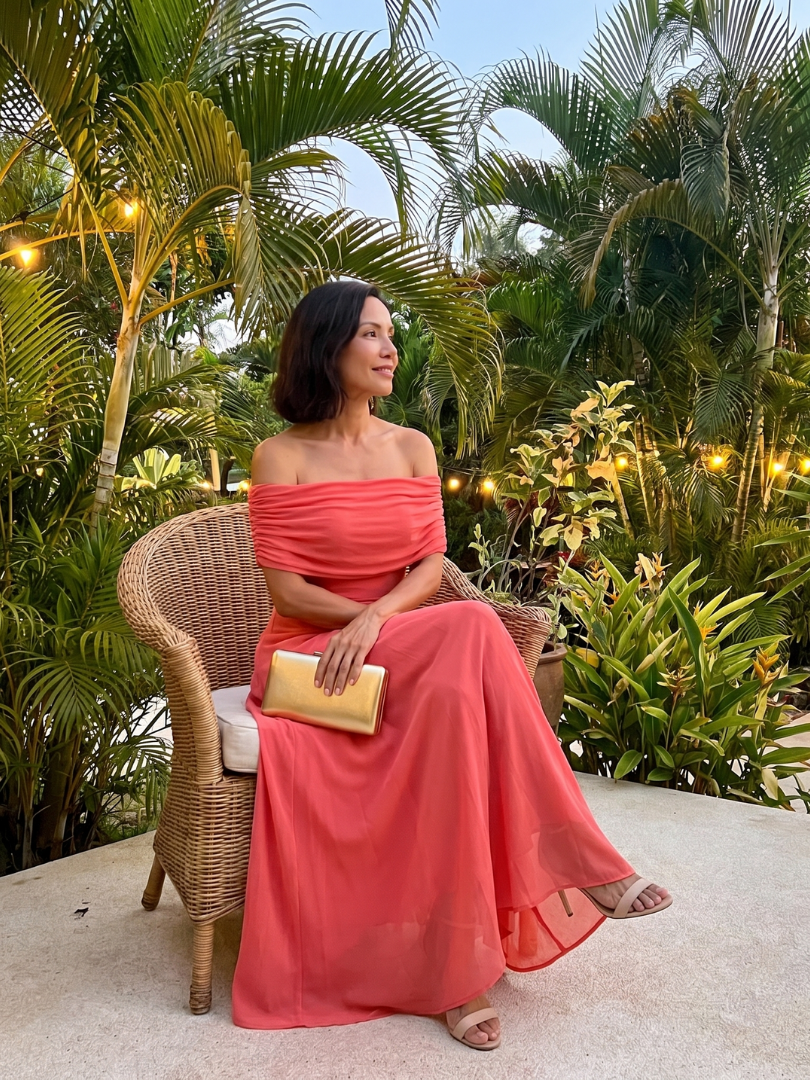 Draped Off-Shoulder Midi Dress