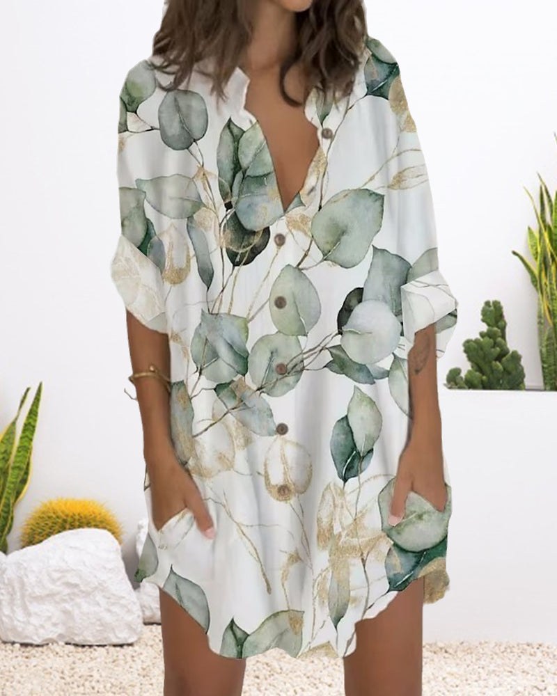 Buttoned Long Sleeve Dress with Pocket