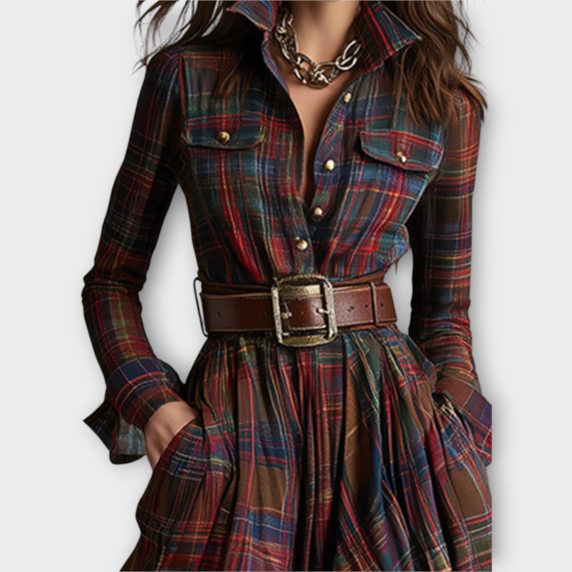 Nora | Plaid Maxi Dress with Button-Down Collar