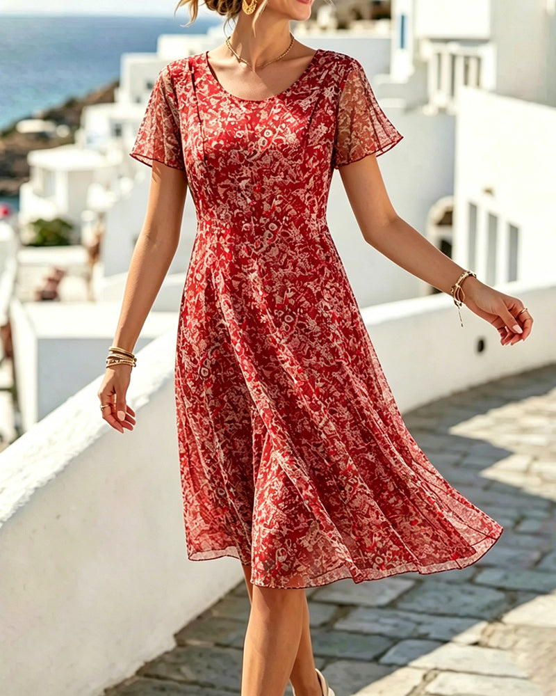 Short Sleeve Floral A-Line Dress