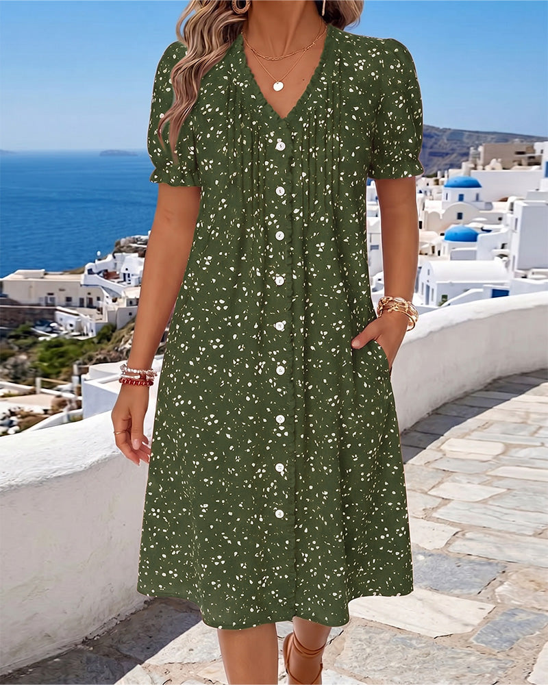 Floral Button-Down V-Neck Dress