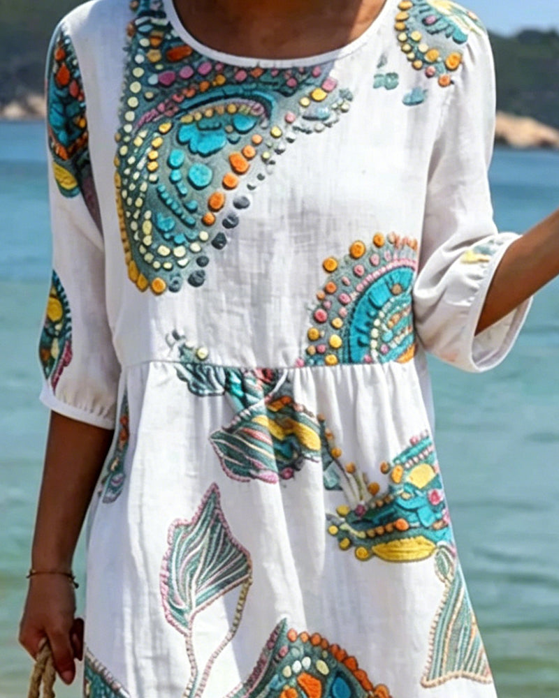 Printed Round Neck Gathered Casual Dress