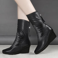 Mid Calf Wedge Boots with Side Zip Closure and Stable Walking Base