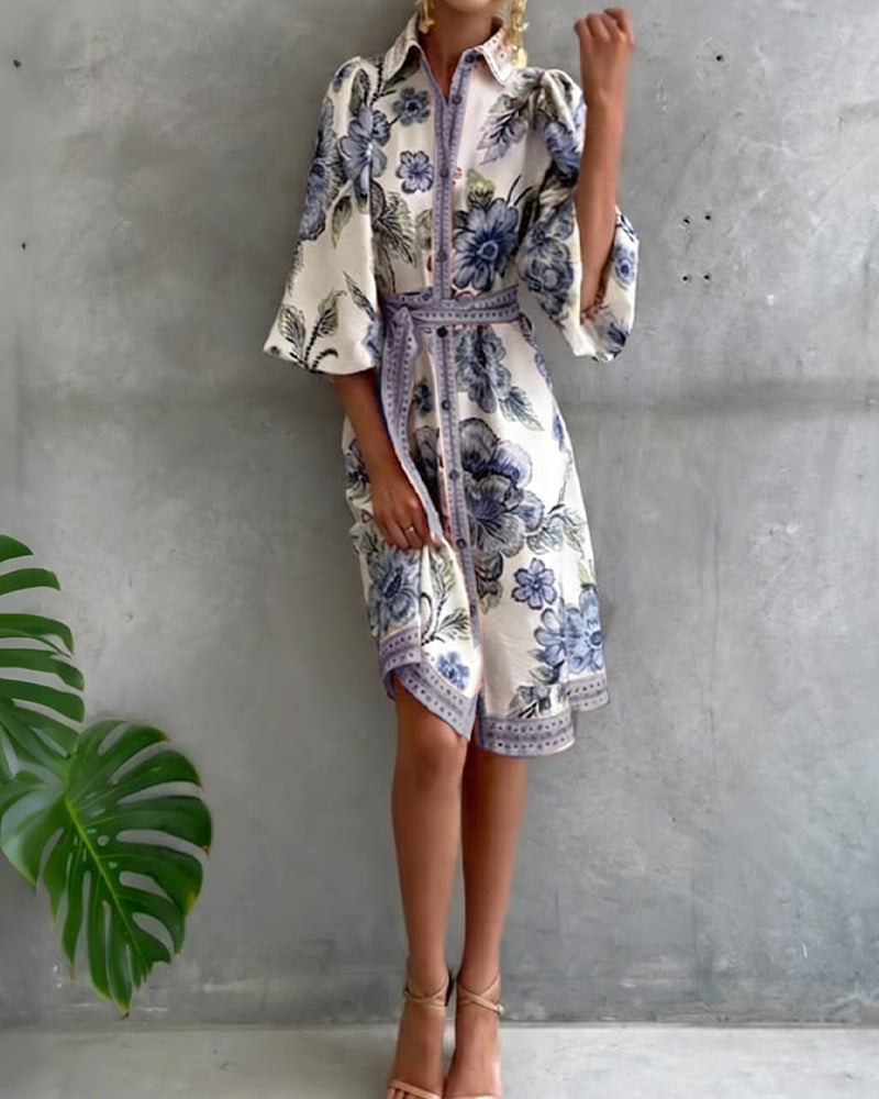 Lantern Sleeve Dress with Notched Collar Print