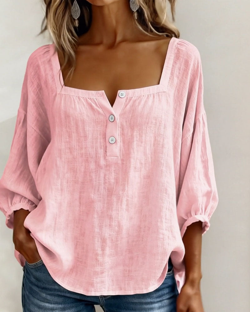 Harper | Cotton-Linen Square Collar Blouse