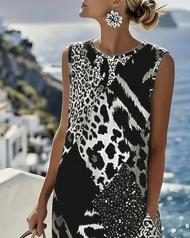 Marisol | Sleeveless Midi Dress - Leopard Patchwork