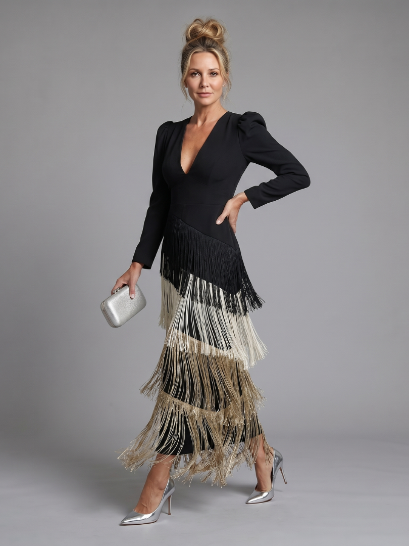 Ava | Long Sleeve Midi Dress with Tiered Fringe Skirt