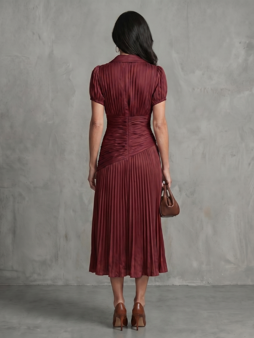 Pleated-Waist Vertical Stripe Midi Dress