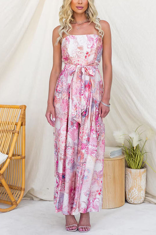 Strapless Floral Print Tie Waist Split Wide Leg Jumpsuit