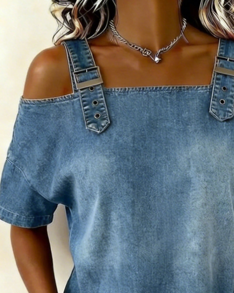 Buttoned Denim Off-Shoulder Dress