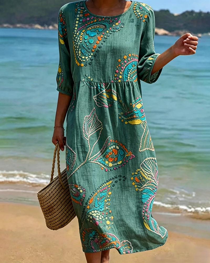 Printed Round Neck Gathered Casual Dress