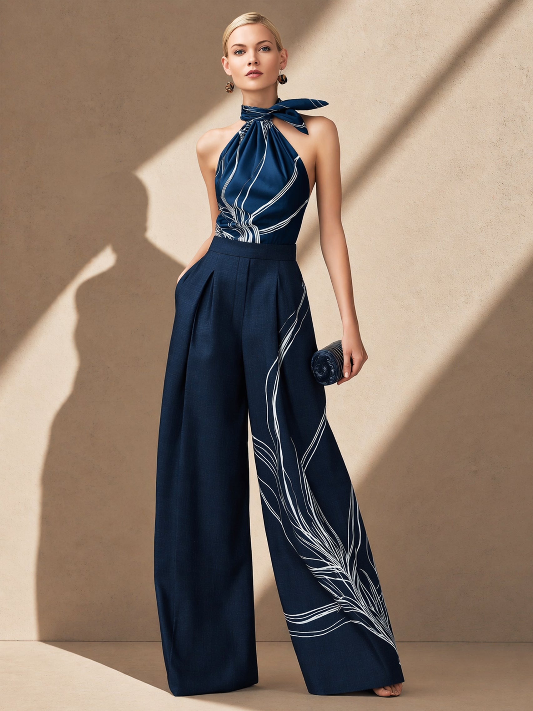 Monica | Satin Halter Blouse & Linen Wide-Leg Trousers Set