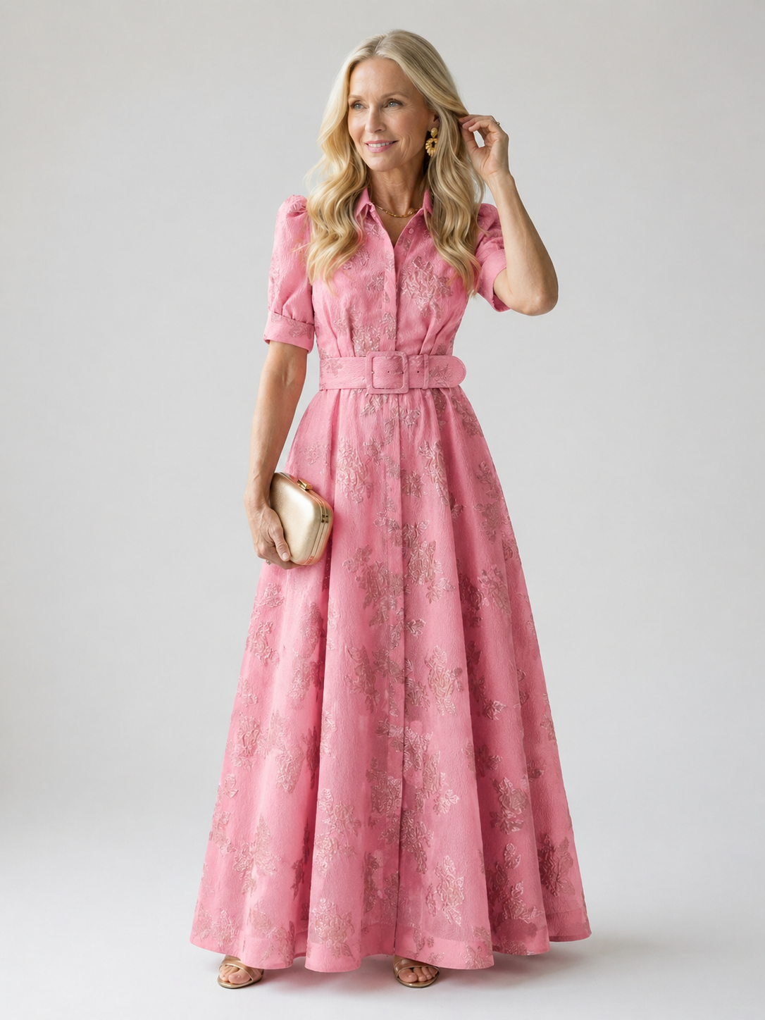 Collared Belted Floral Maxi Dress