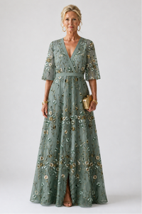 Floral V-Neck Sheer Elbow-Sleeve Maxi Dress