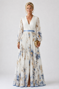 Long-Sleeve V-Neck Floral Maxi Dress
