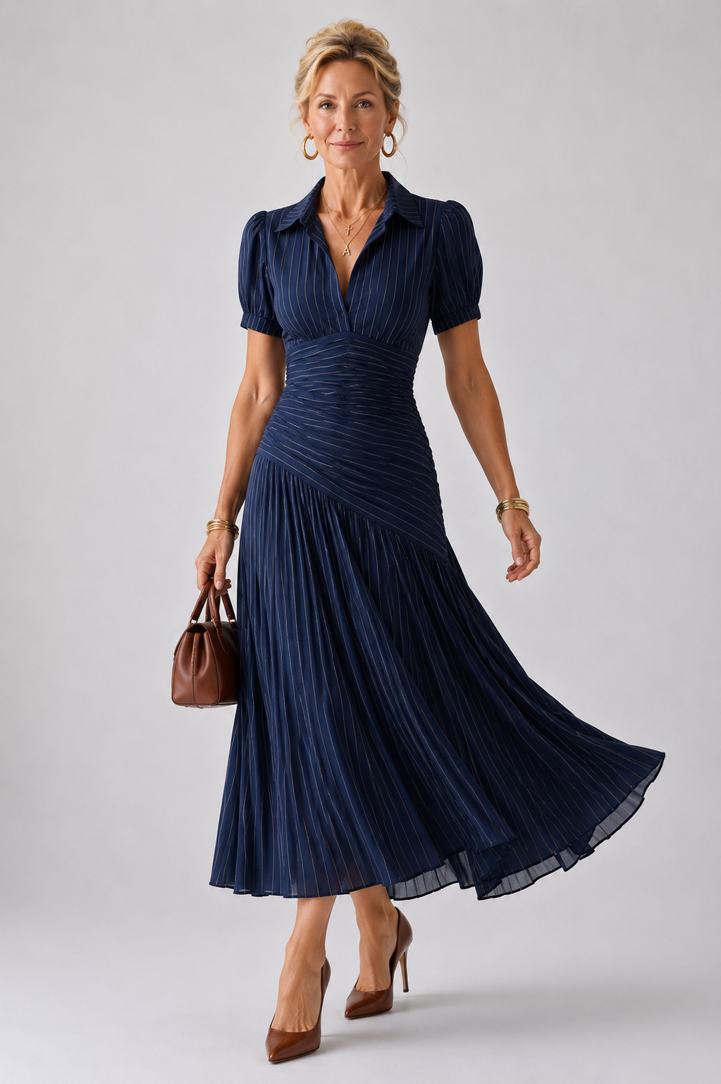 Striped Pleated-Waist Midi Dress