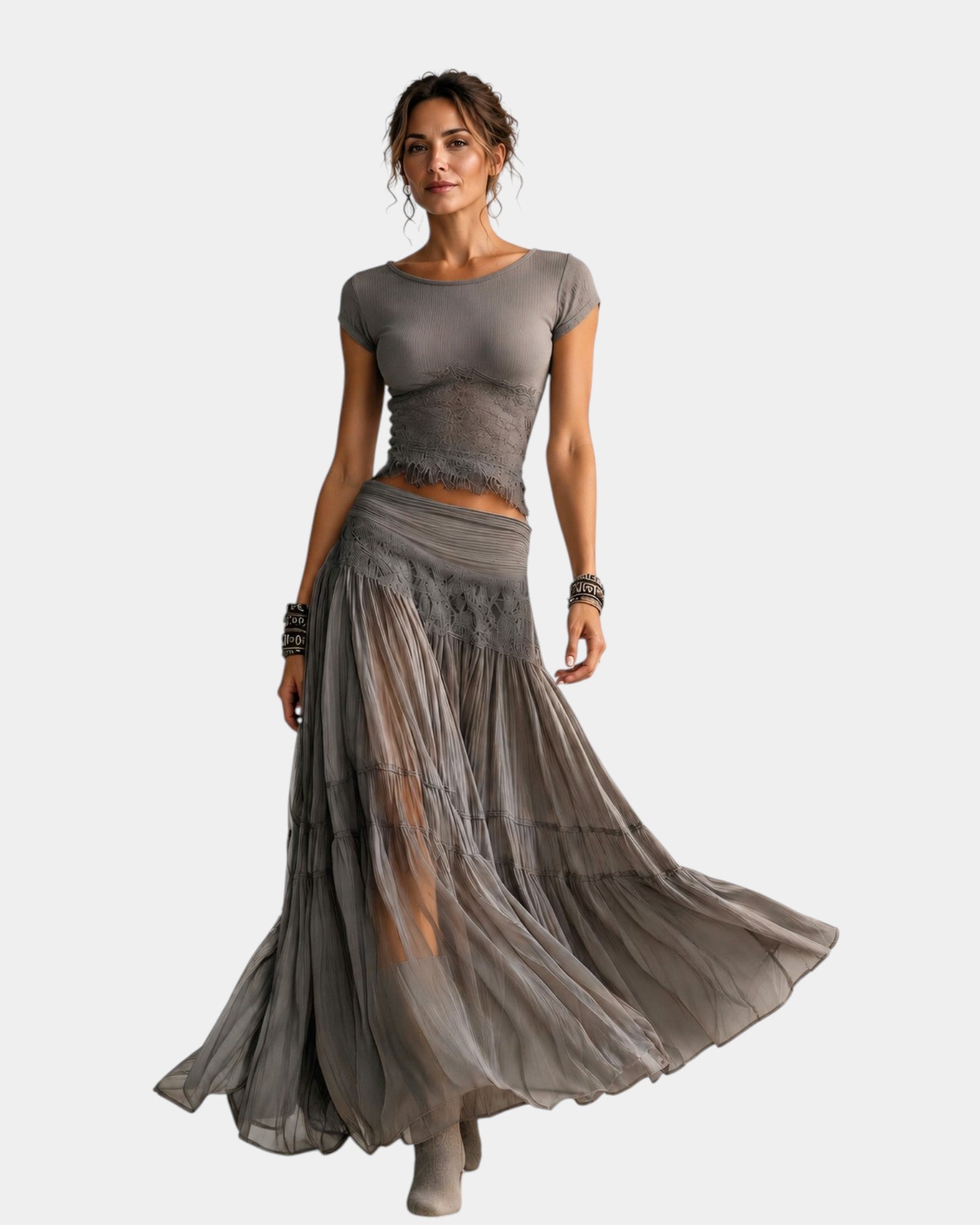 Emeline | Lace Top and Pleated Maxi Skirt Set