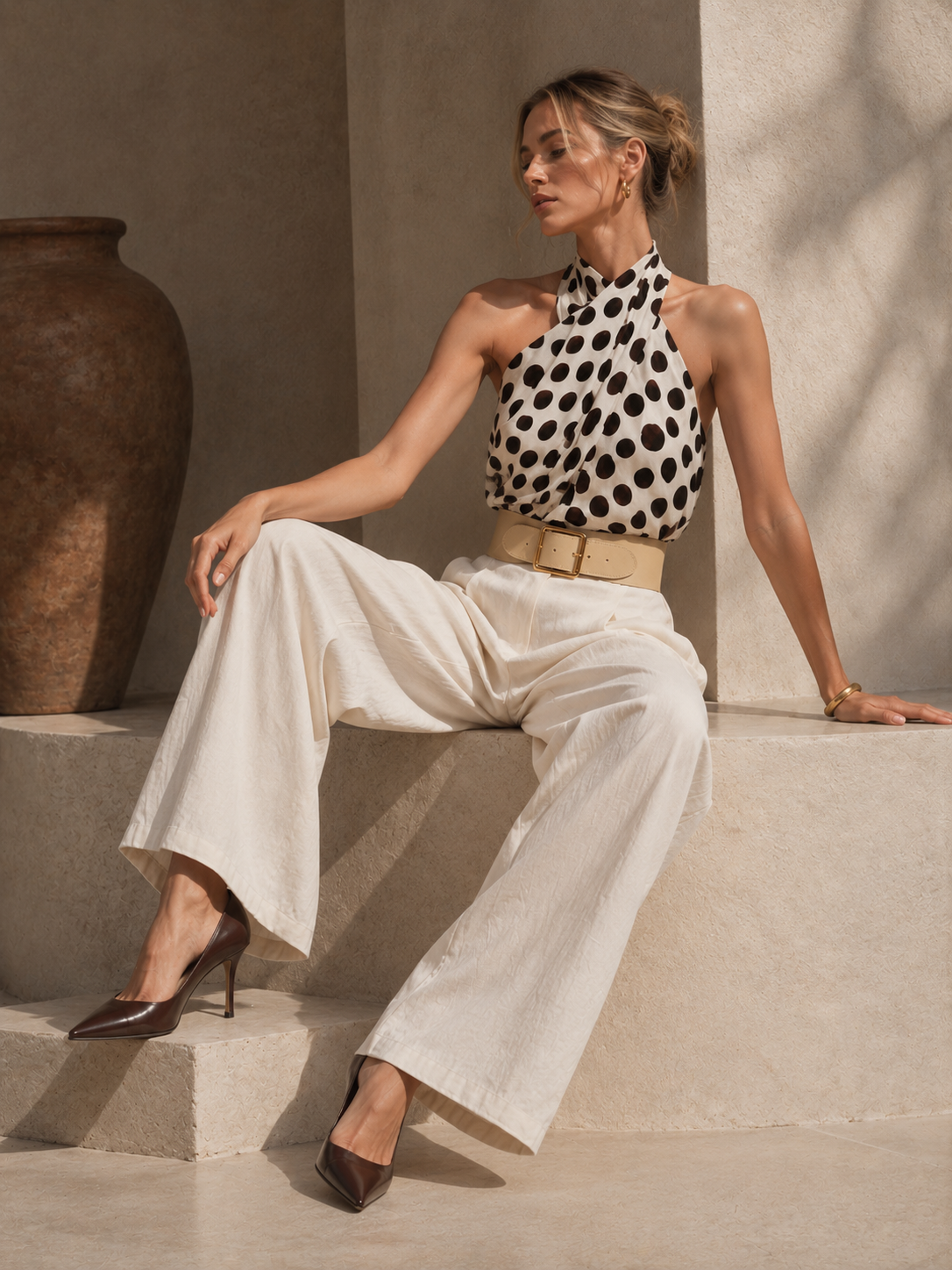 Monique | Polka Dot Halter Top & Linen Wide-Leg Pants Set