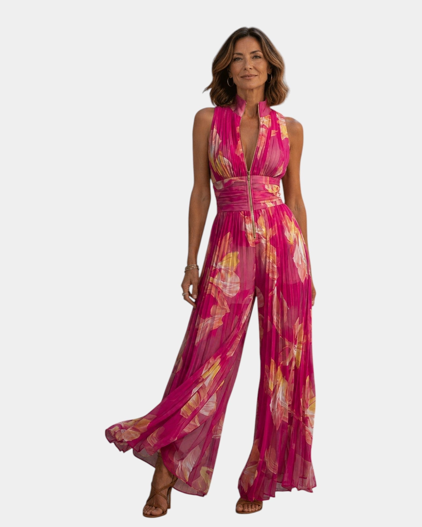 Shana | Pleated Chiffon Floral Jumpsuit in Fuchsia