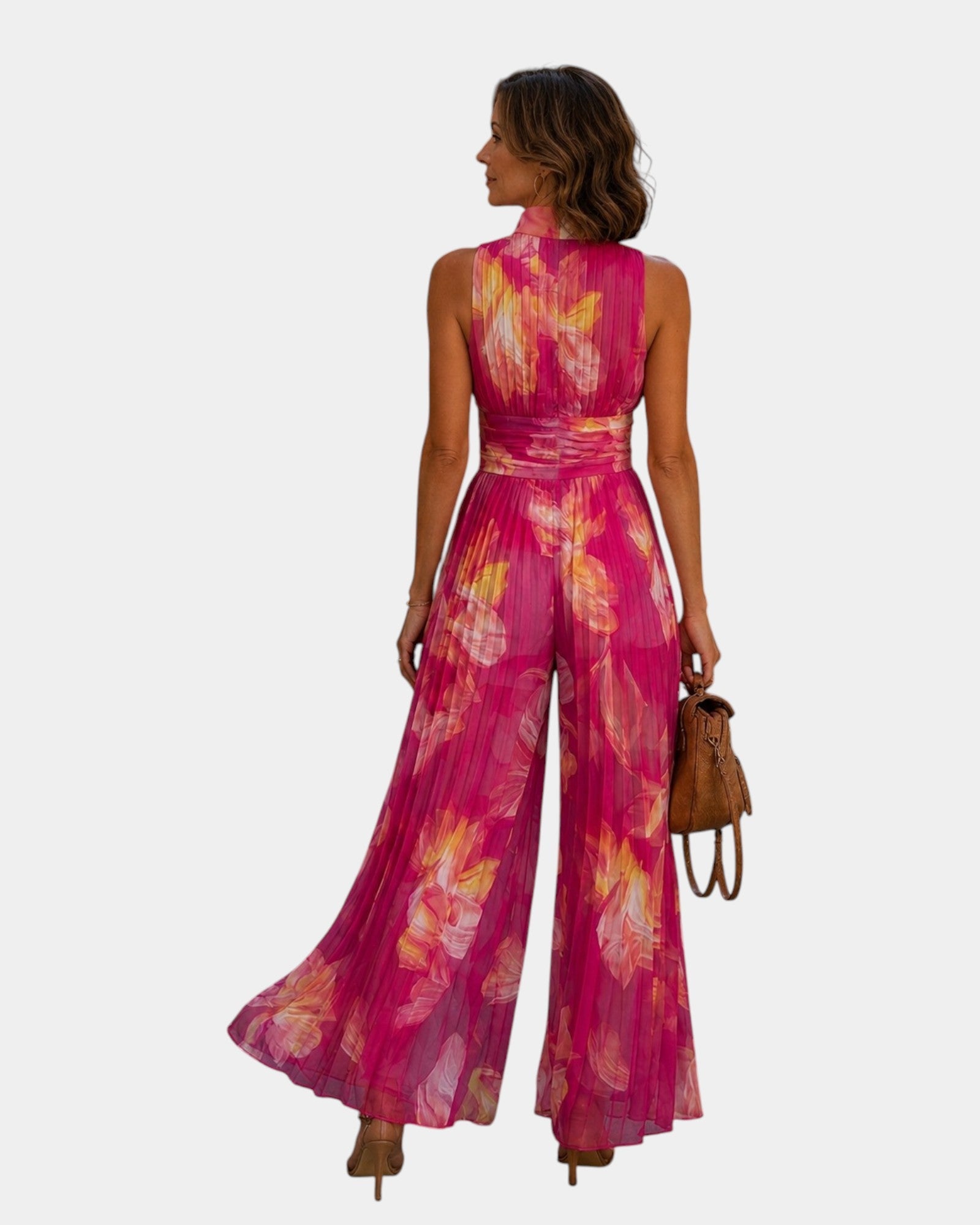 Shana | Pleated Chiffon Floral Jumpsuit in Fuchsia