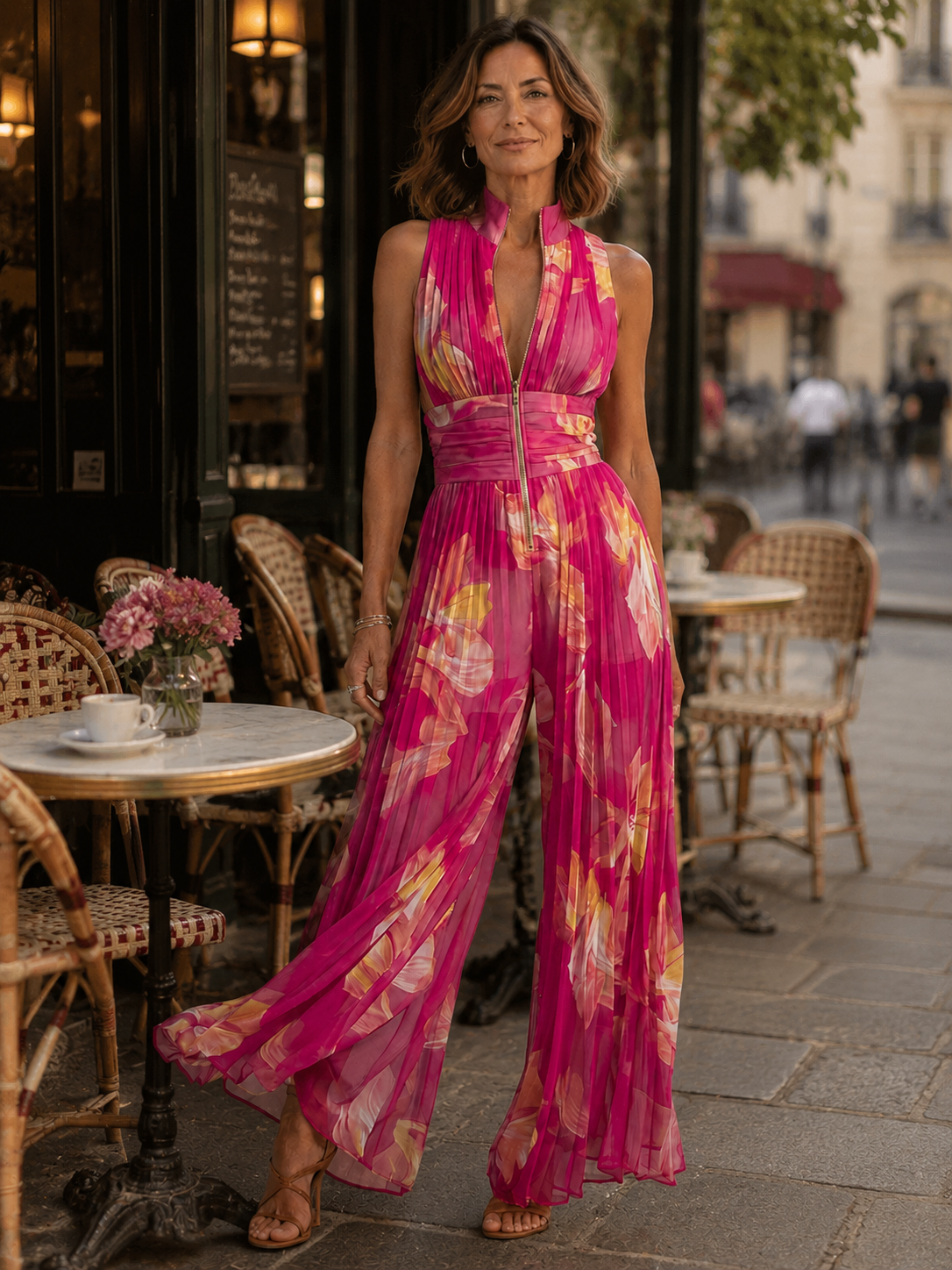 Shana | Pleated Chiffon Floral Jumpsuit in Fuchsia