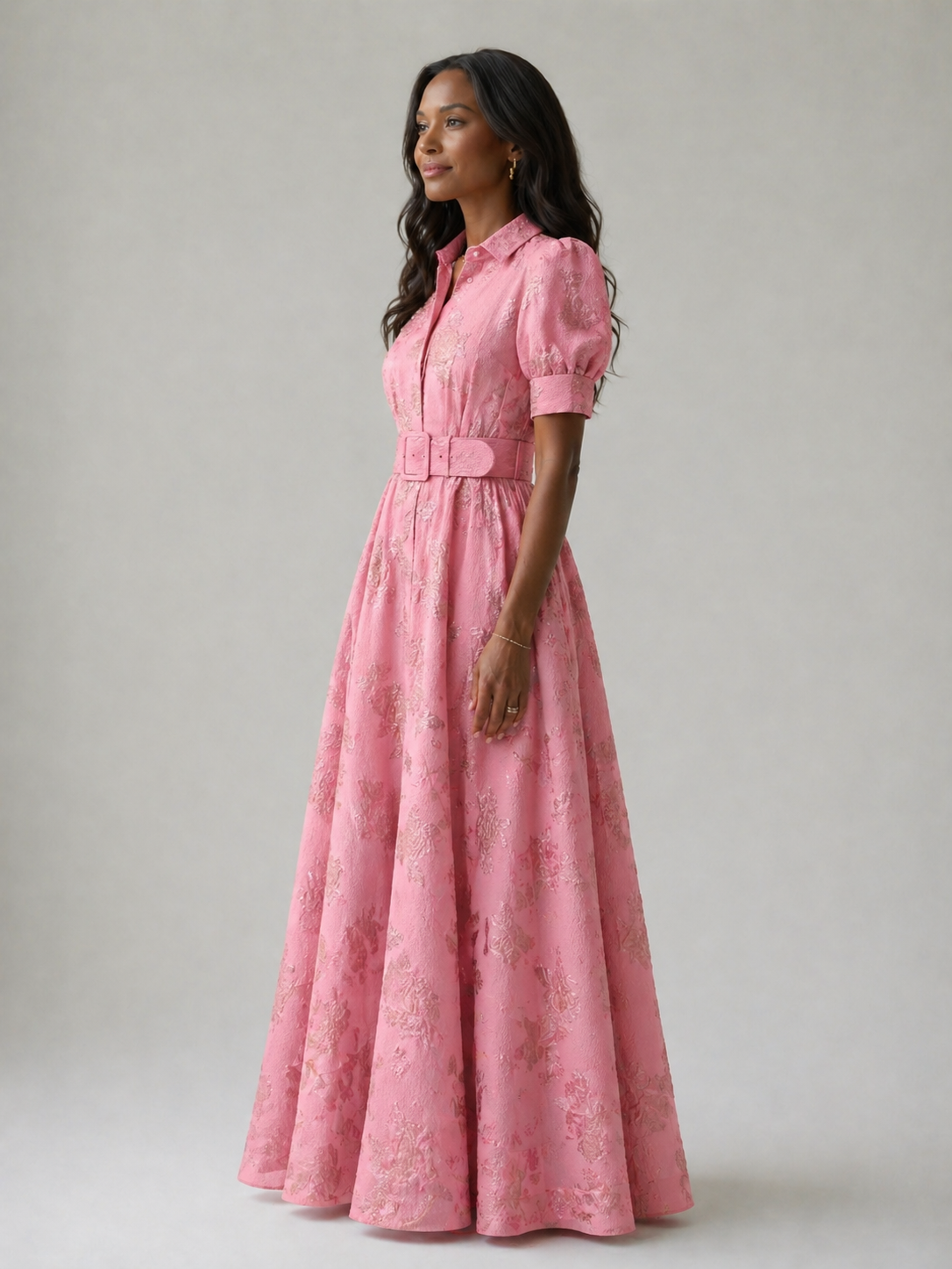 Collared Belted Floral Maxi Dress