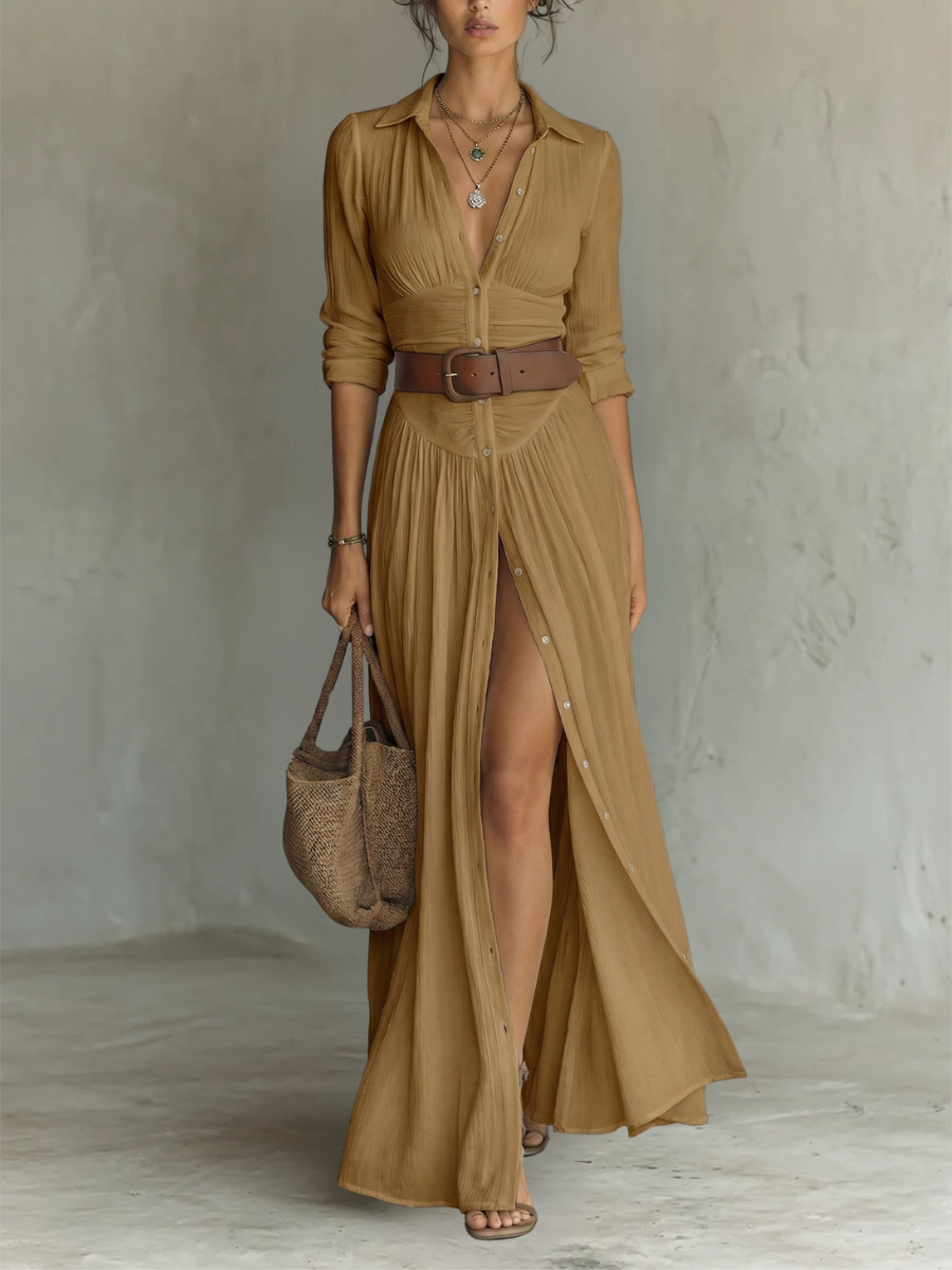 Women's Long Dress with Notched Collar and Long Sleeves in Linen