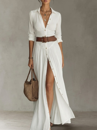 Women's Long Dress with Notched Collar and Long Sleeves in Linen